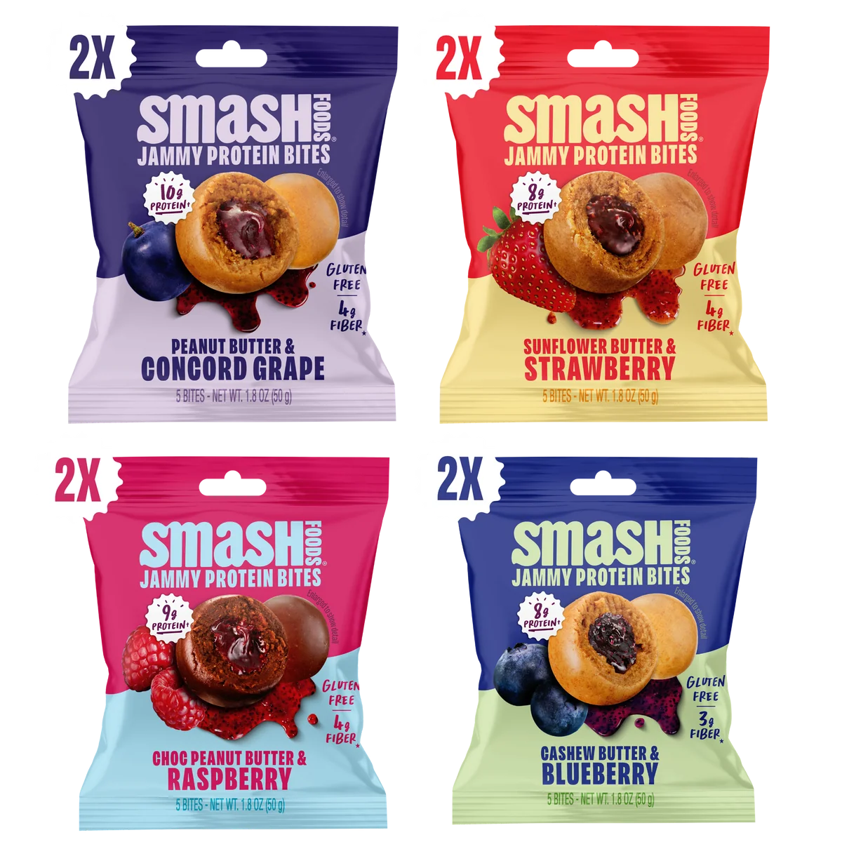 Smash Jammy Protein Bites bags in four flavors