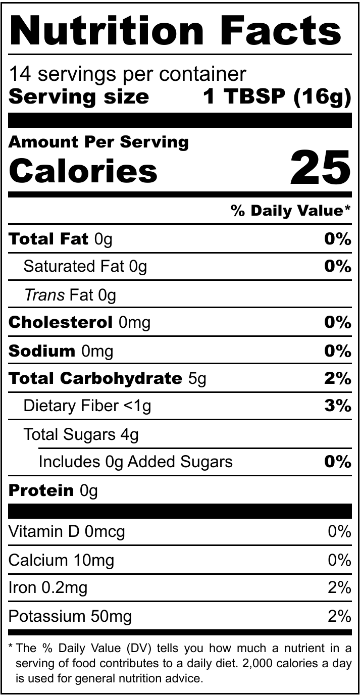 Nutrition Facts panel for Smash Strawberry: 25 calories, 4g total sugars, includes 0g added sugars per tablespoon