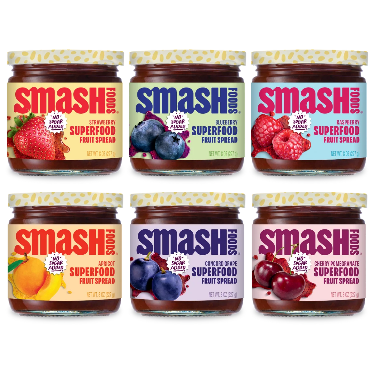Six Smash fruit spread jars in every flavor